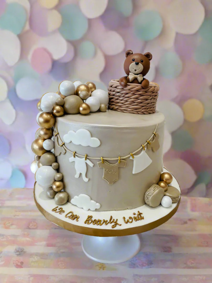 Beige & Gold Teddy Fondant Cake - Image 2