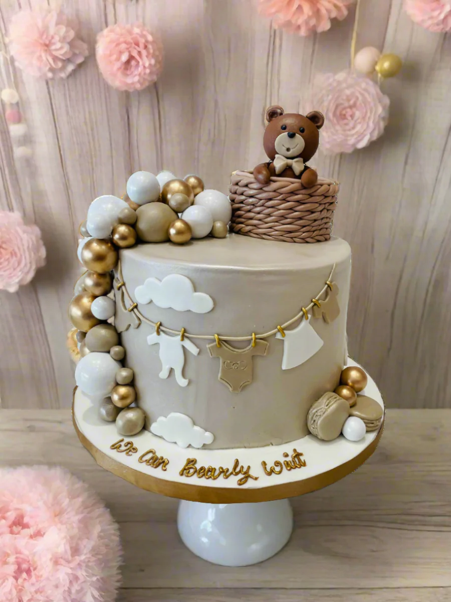Beige & Gold Teddy Fondant Cake - Image 3