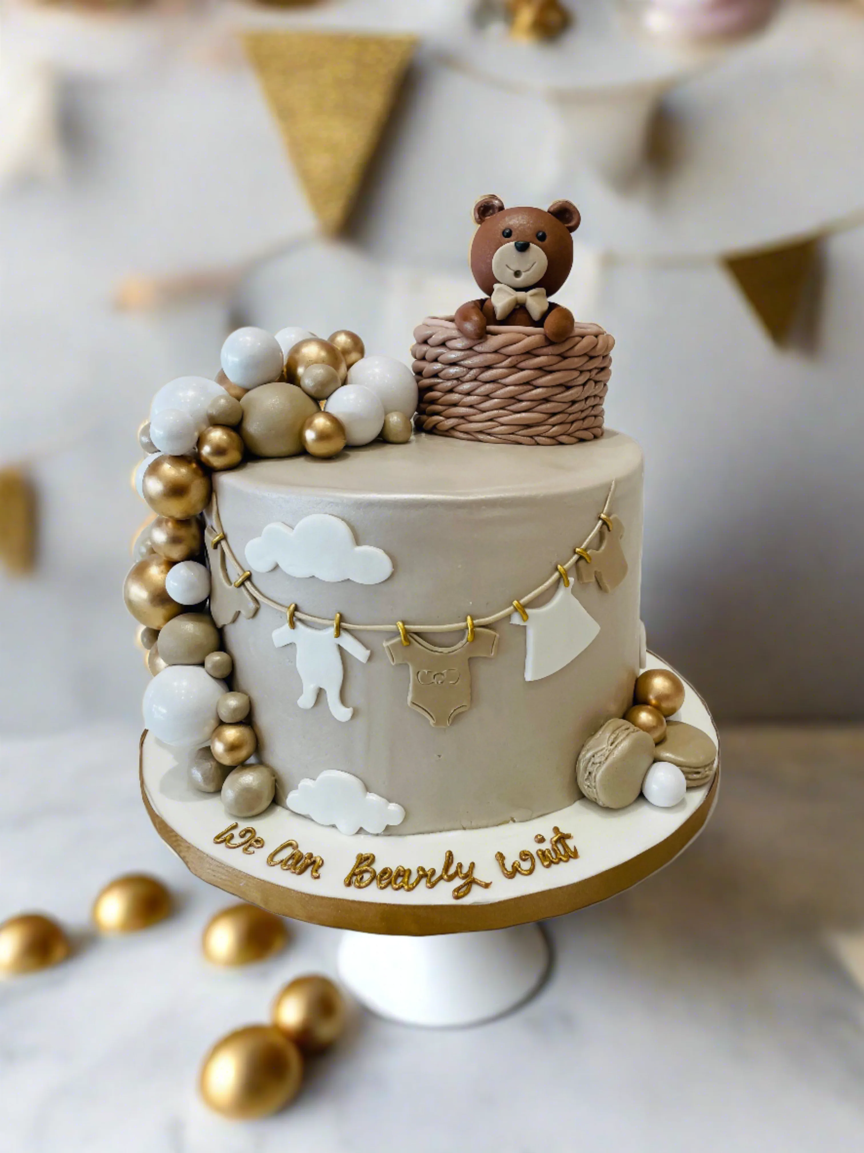 Beige & Gold Teddy Fondant Cake - Image 5