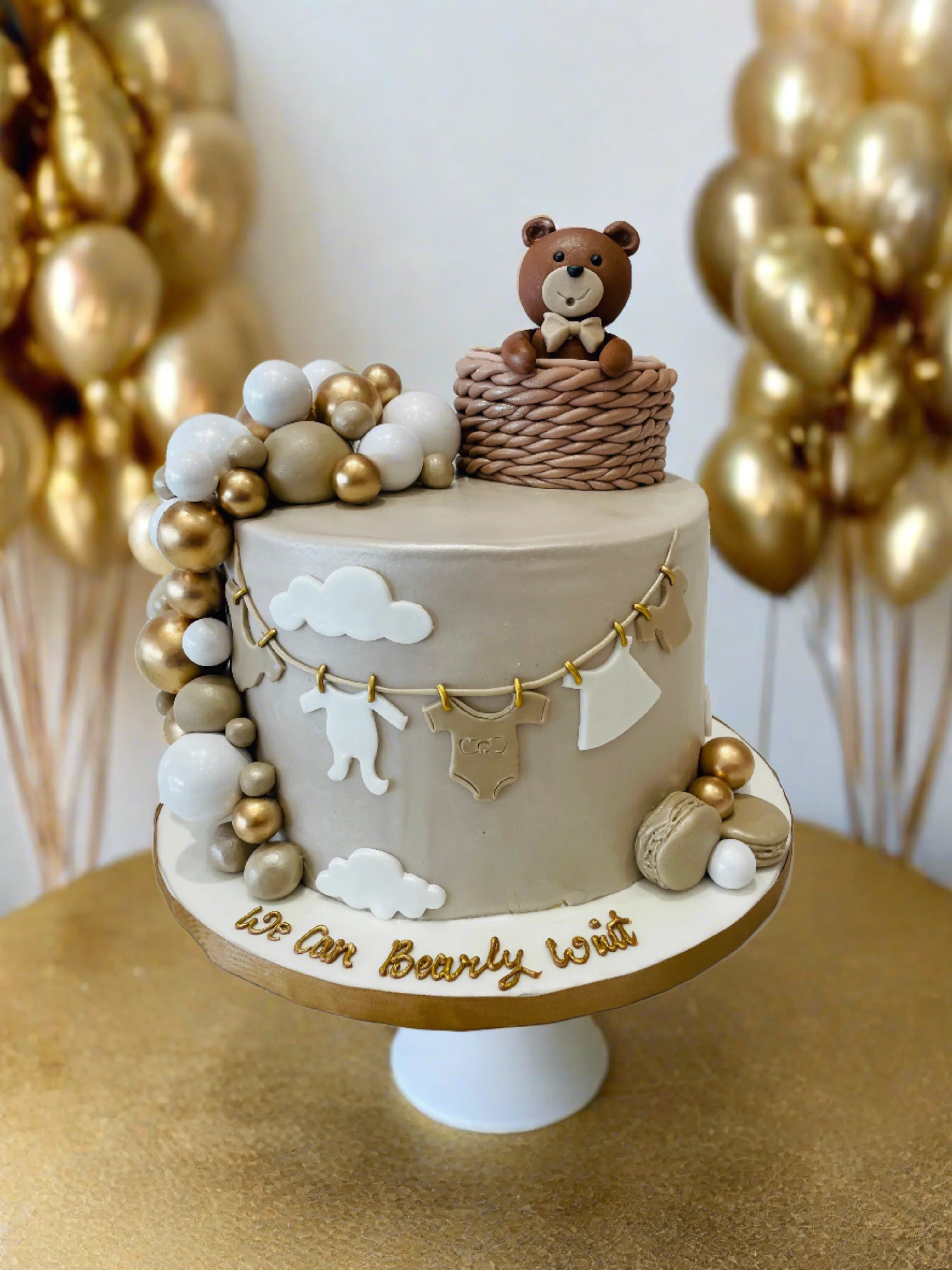 Beige & Gold Teddy Fondant Cake - Image 6