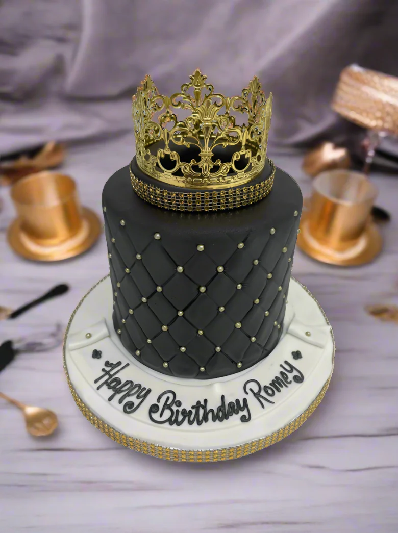 Black & Gold Crown Fondant Cake - Image 2