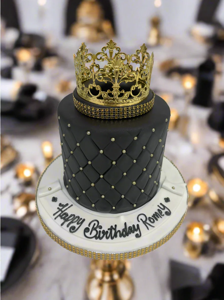 Black & Gold Crown Fondant Cake - Image 3