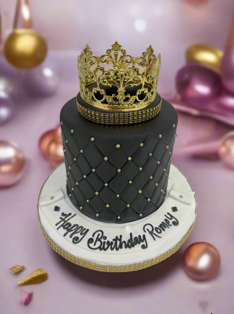 Black & Gold Crown Fondant Cake - Image 5