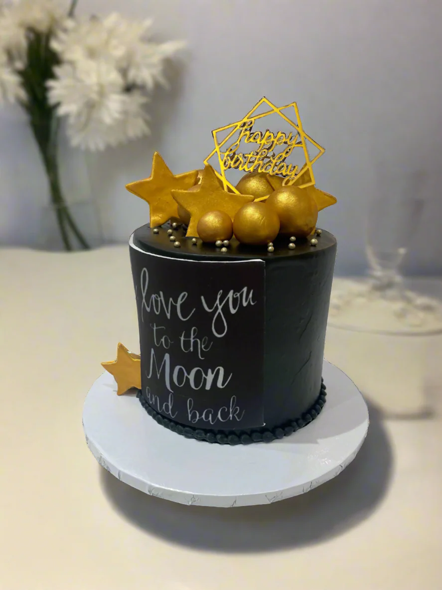 Black & Gold Stars Cream Cake - Image 2