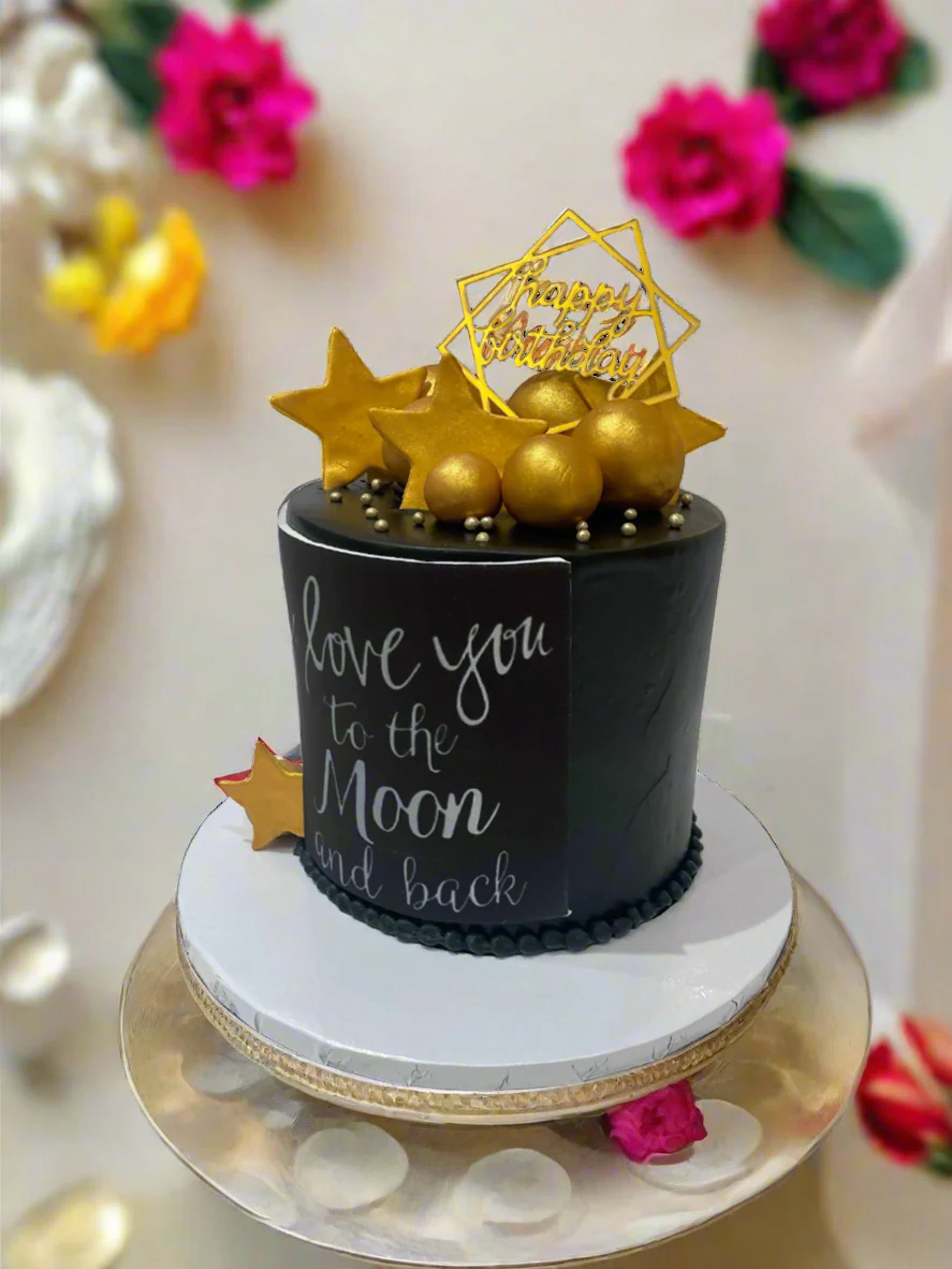 Black & Gold Stars Cream Cake - Image 3