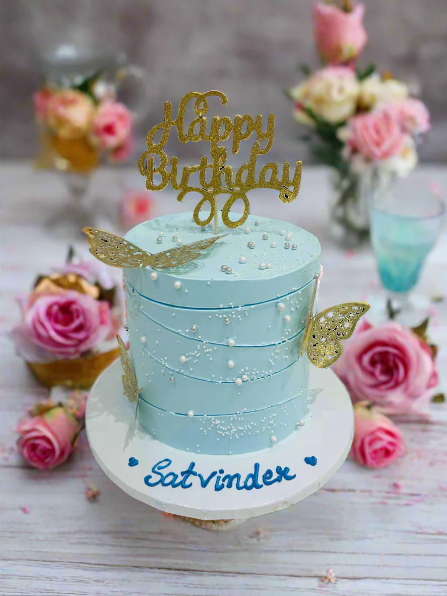 Blue & Gold Butterfly Birthday Cake - Image 3