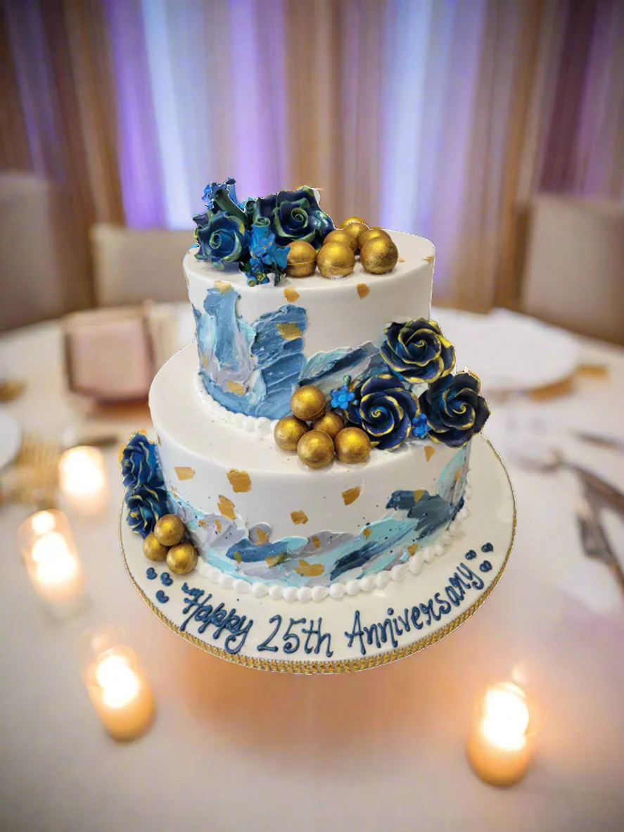 Blue & Gold Cream Tiered Cake - Image 3