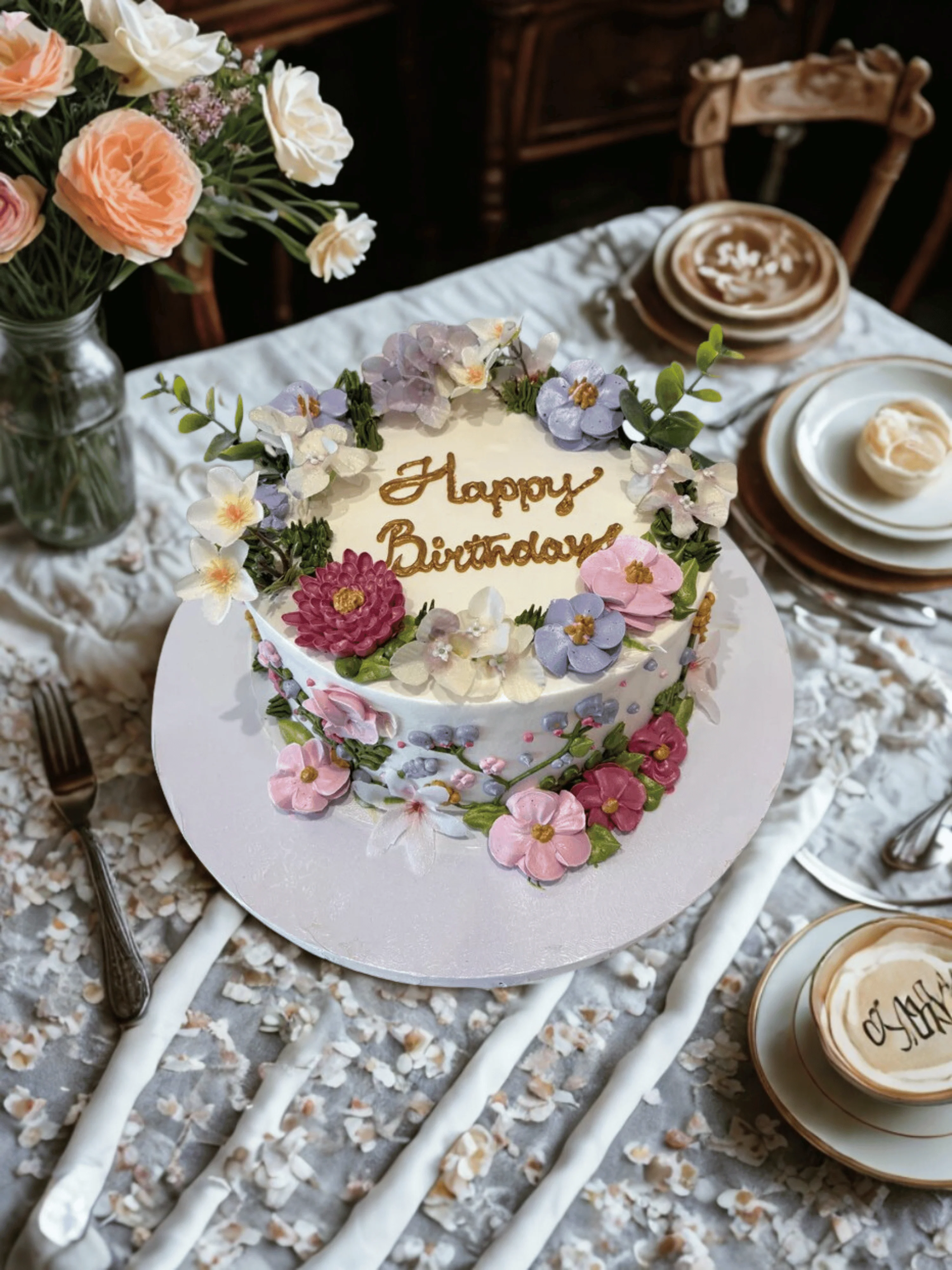 Floral Pastel Cream Cake - Image 2