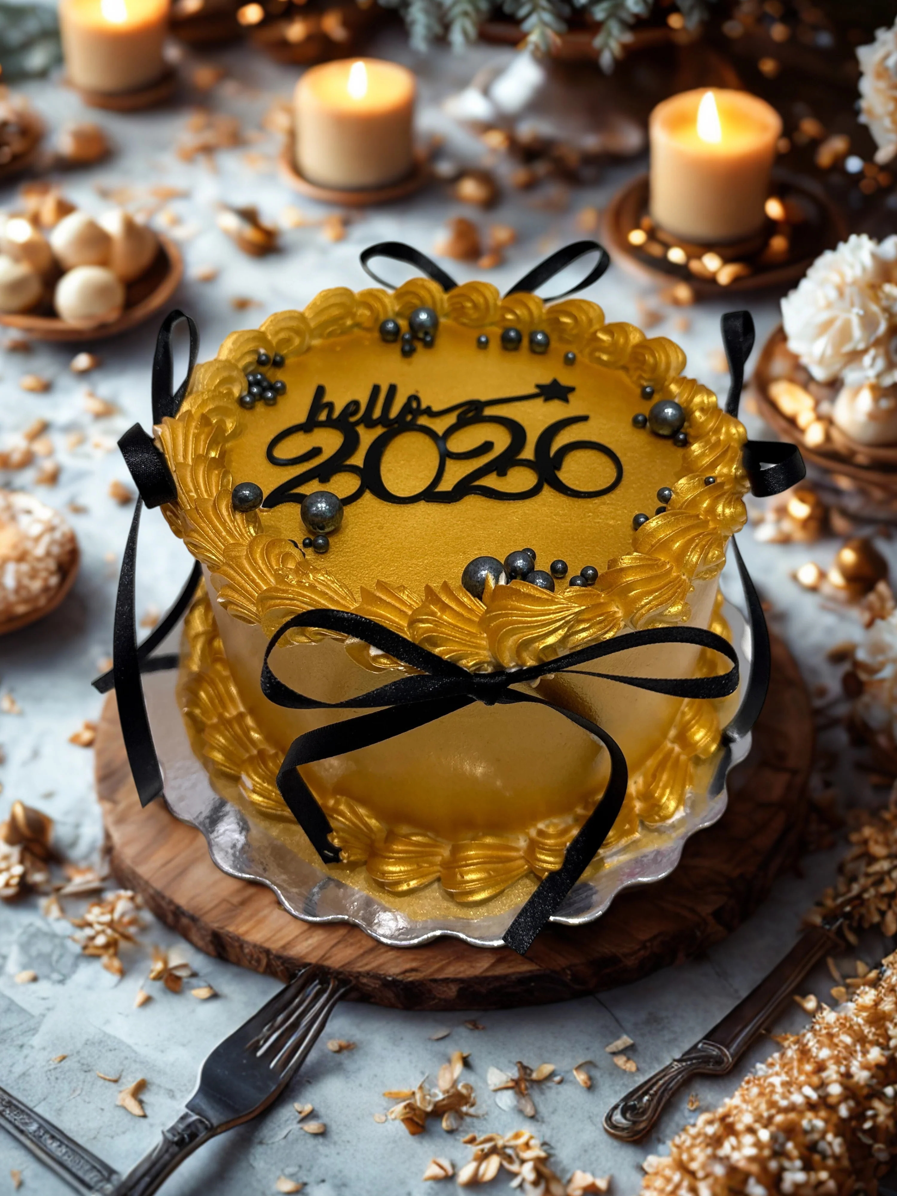 Gold & Black Bow New Year Cake - Image 3