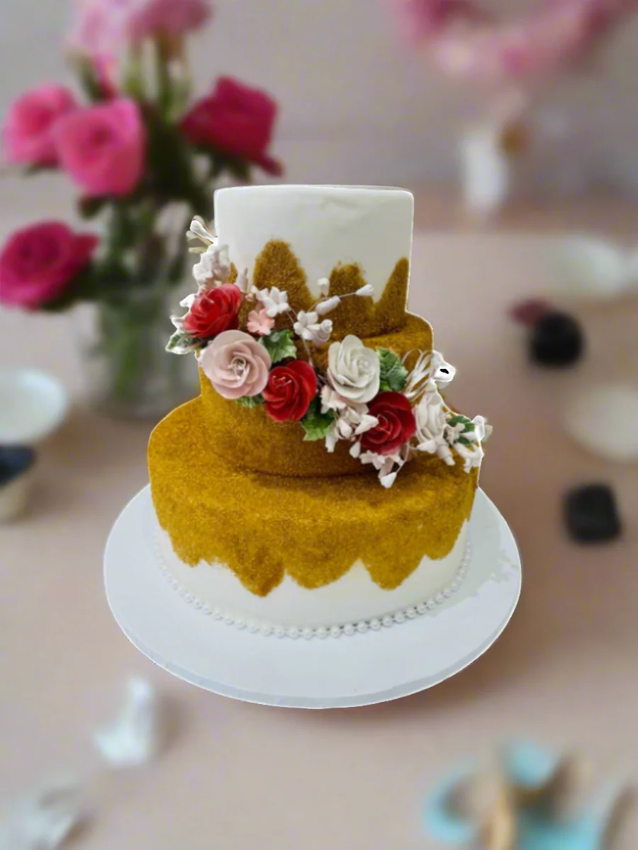Gold Cascading Flowers Fondant Cake - Image 2