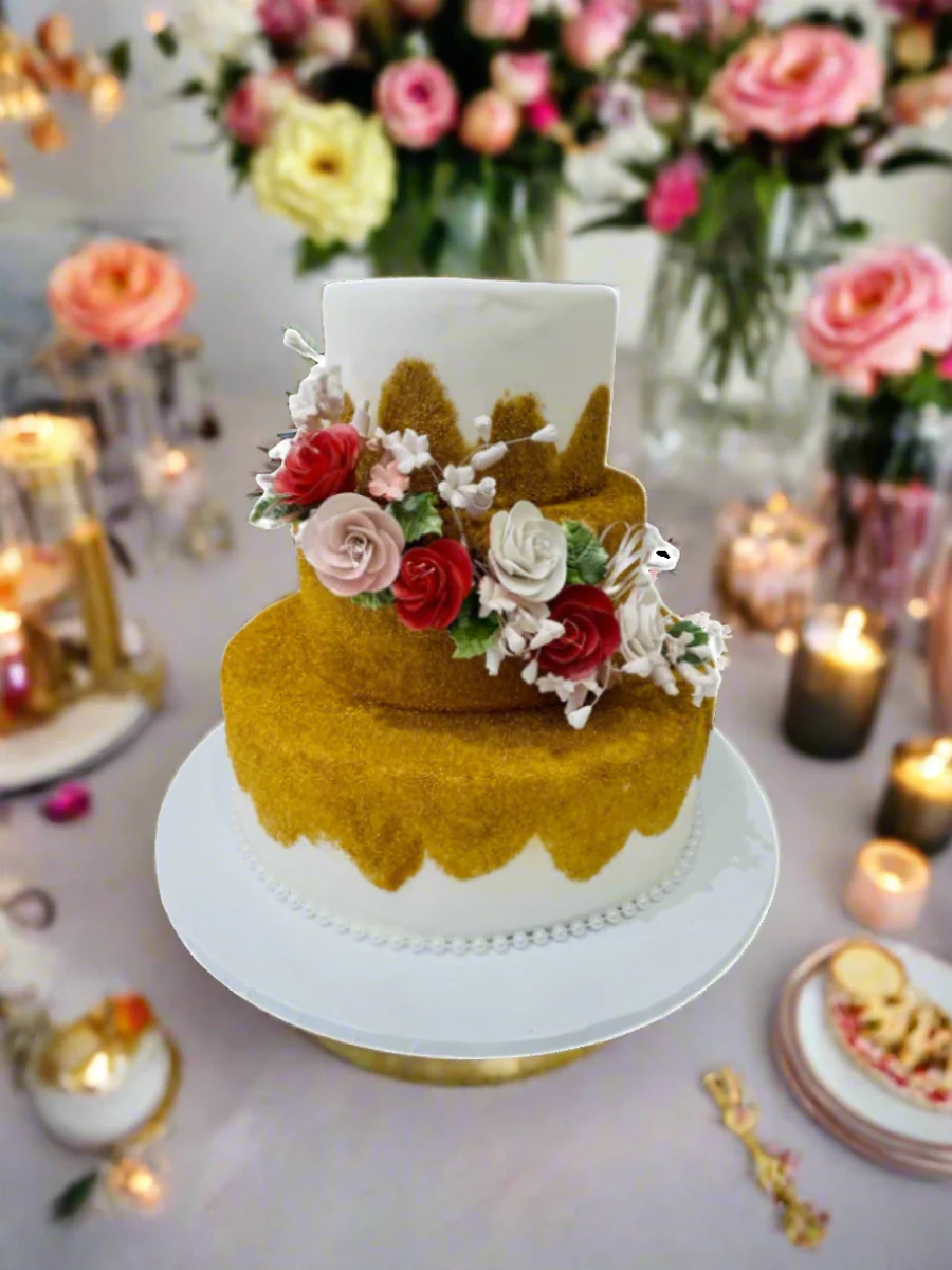 Gold Cascading Flowers Fondant Cake - Image 3
