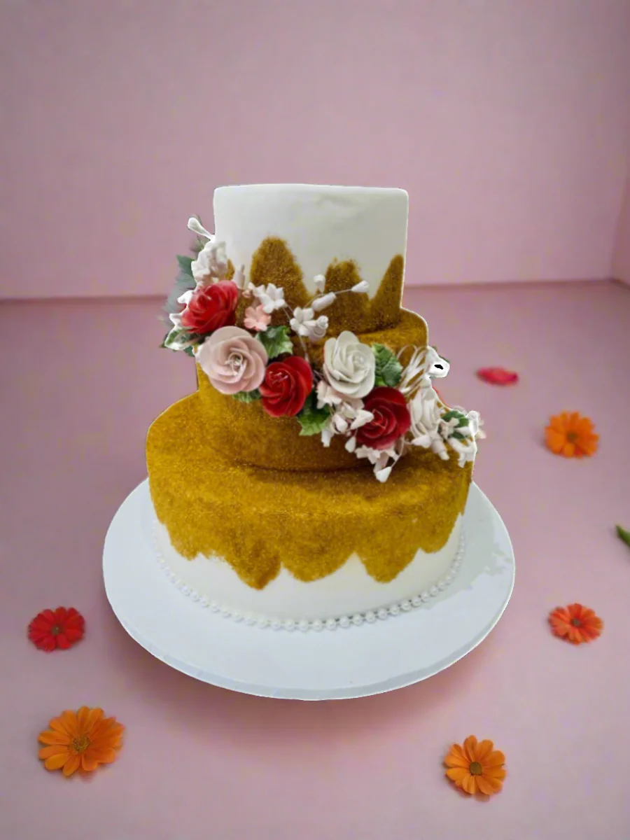 Gold Cascading Flowers Fondant Cake - Image 4