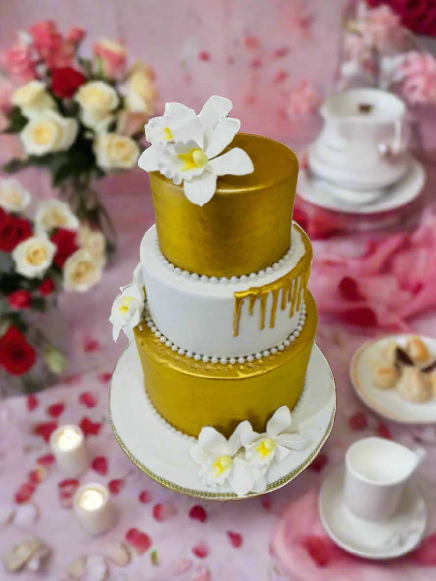 Gold & White Lillies Fondant Cake - Image 3