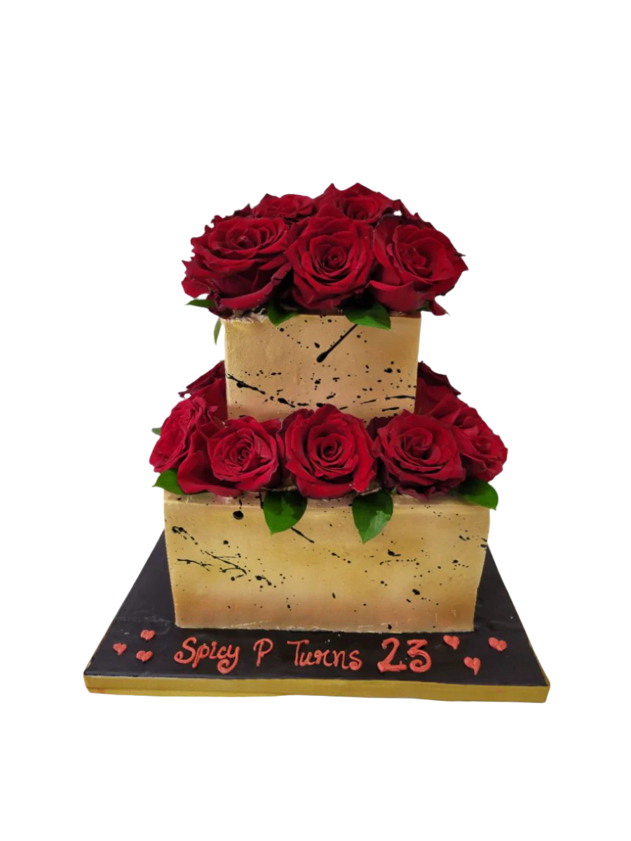 Golden Red Rose Cream Wedding Cake