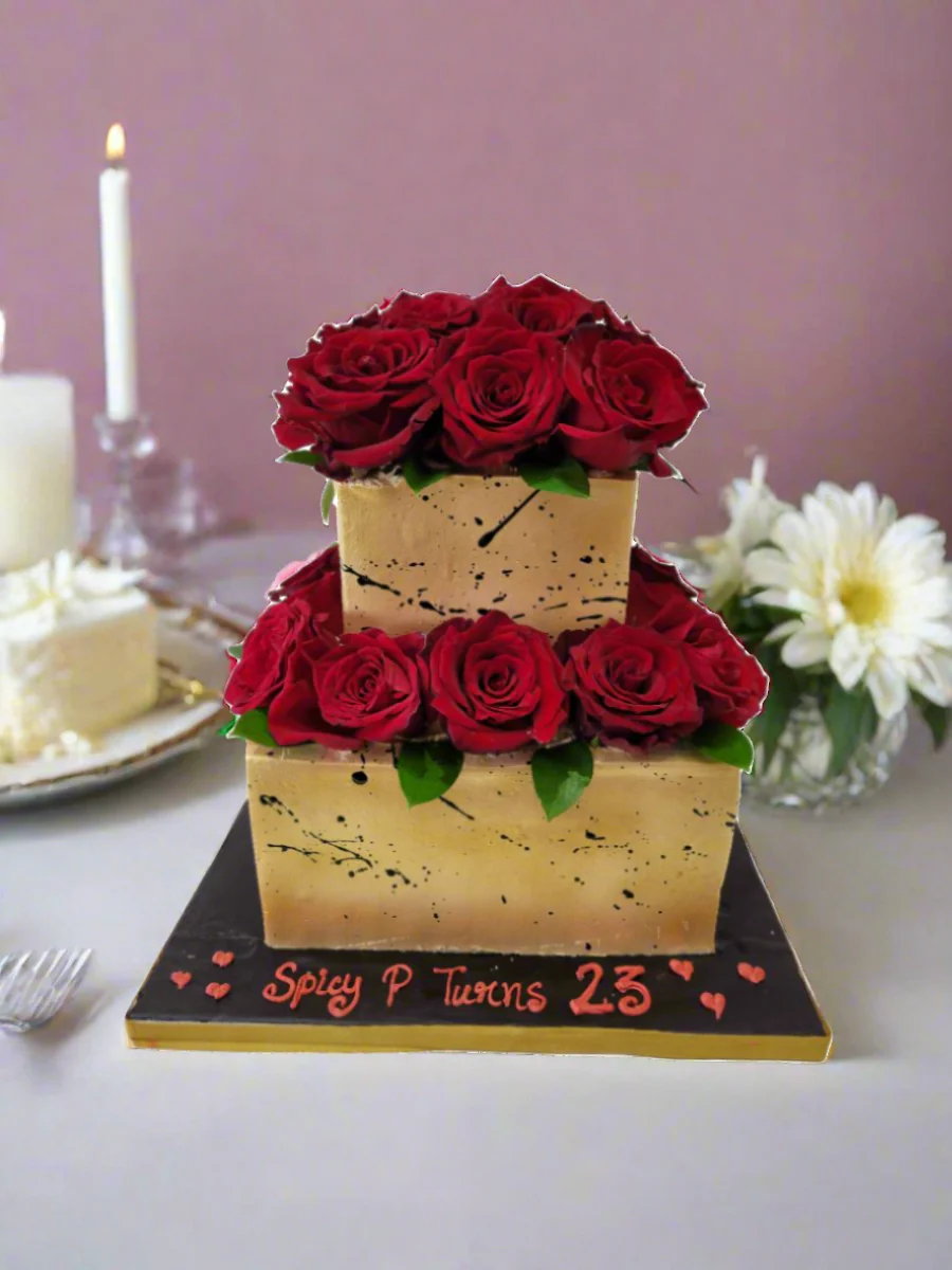 Golden Red Rose Cream Wedding Cake - Image 2
