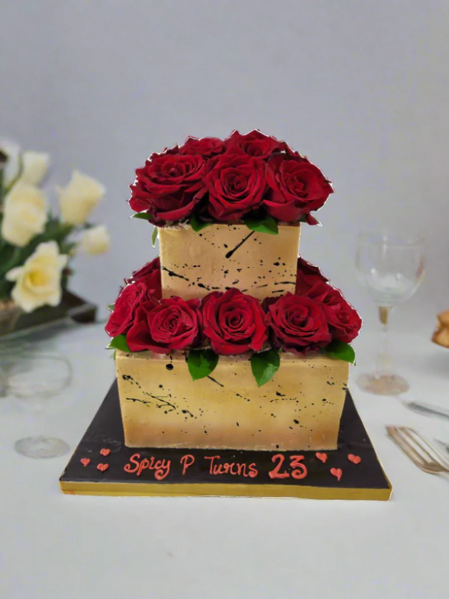 Golden Red Rose Cream Wedding Cake - Image 3