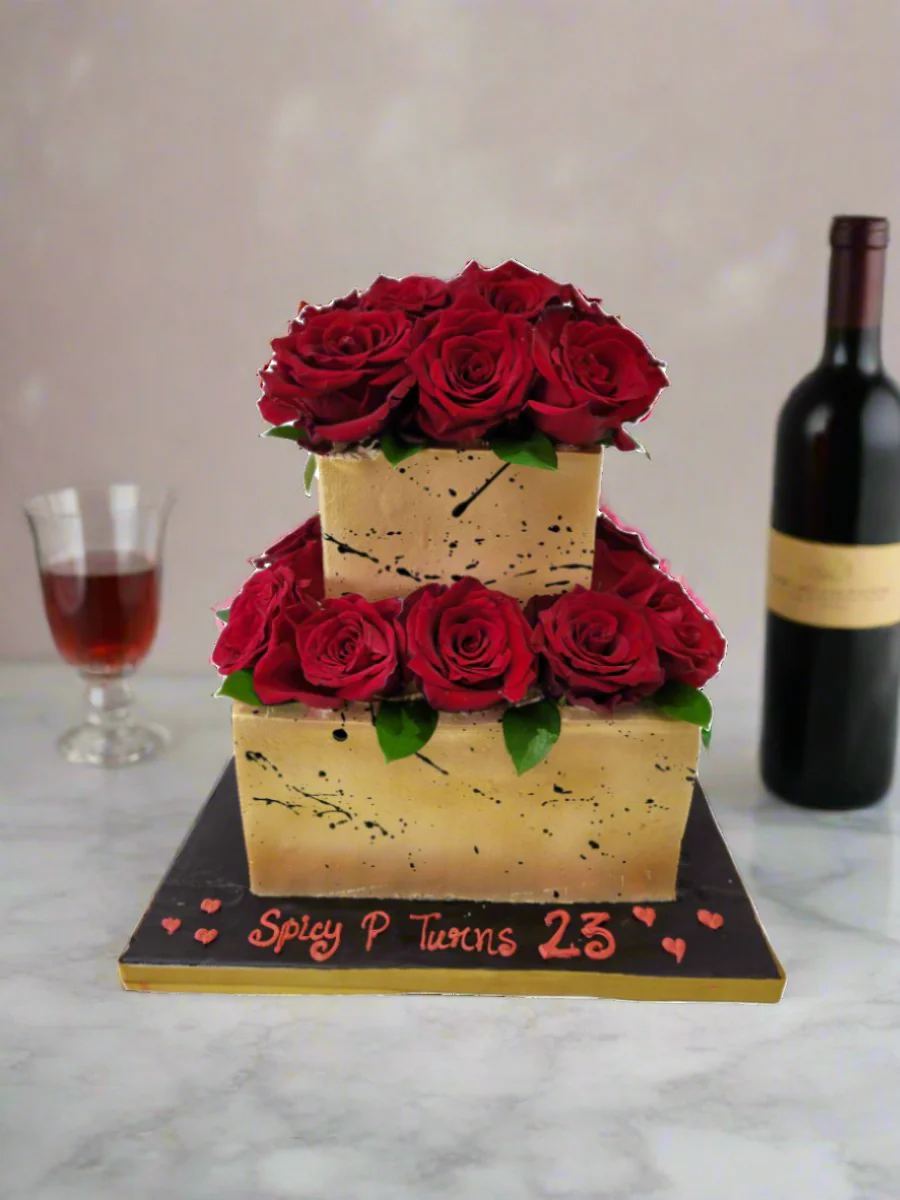 Golden Red Rose Cream Wedding Cake - Image 4