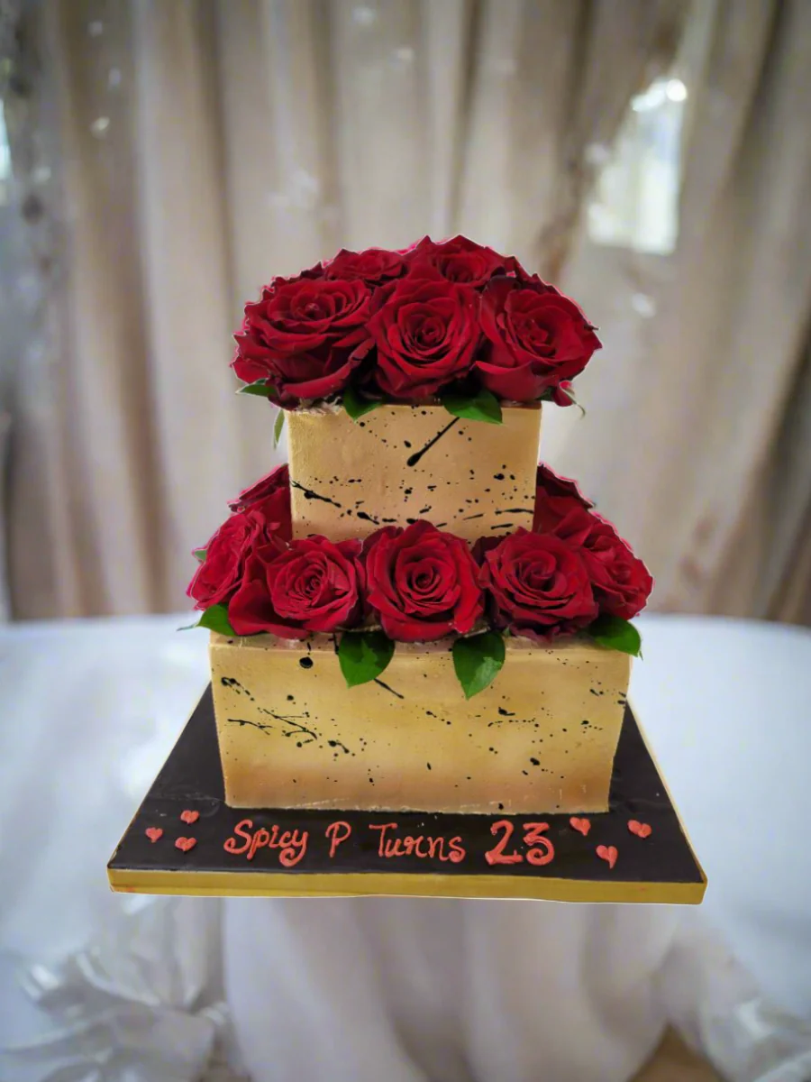 Golden Red Rose Cream Wedding Cake - Image 6
