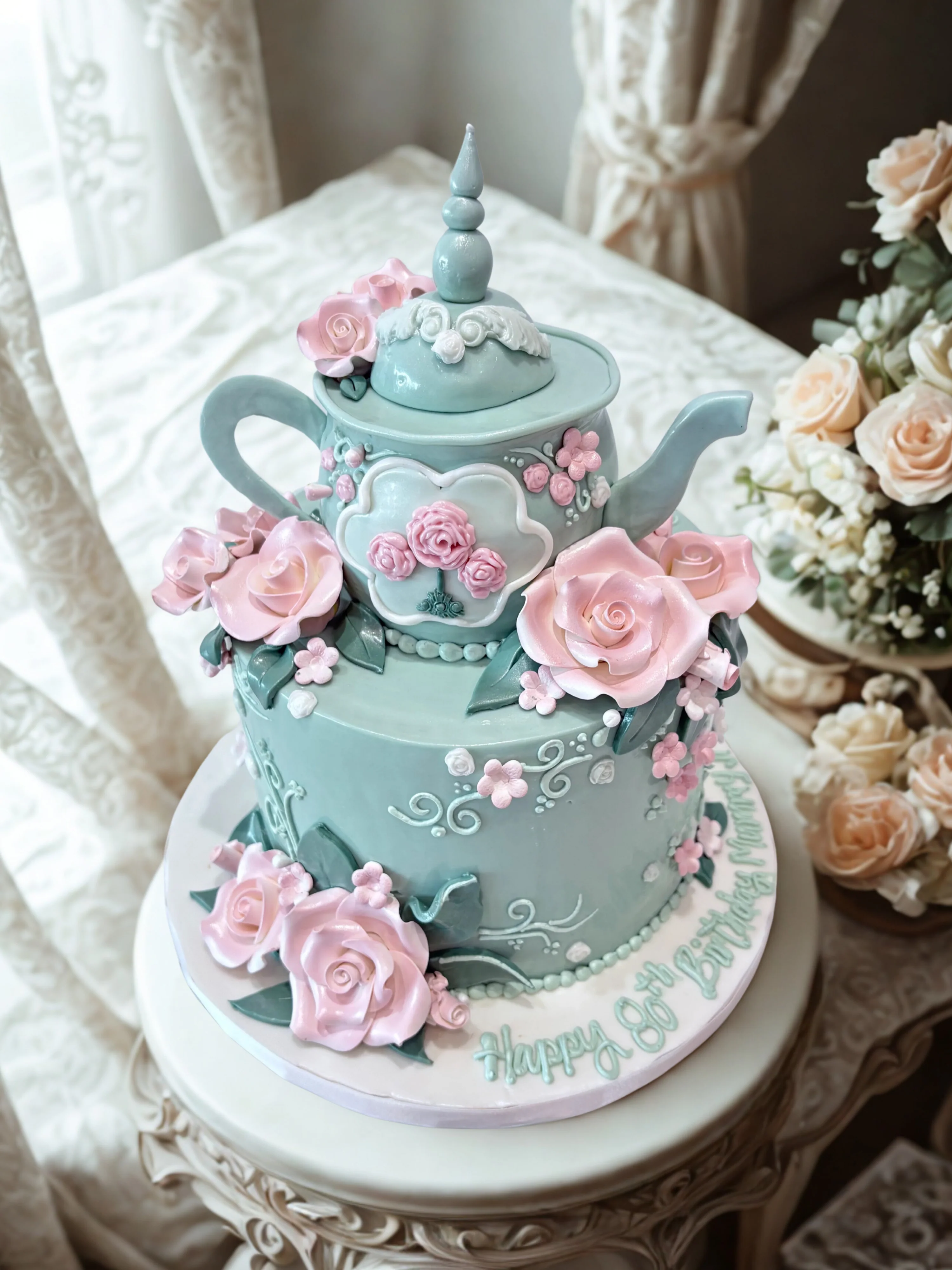 Pink Floral Teapot Fondant Cake - Image 2