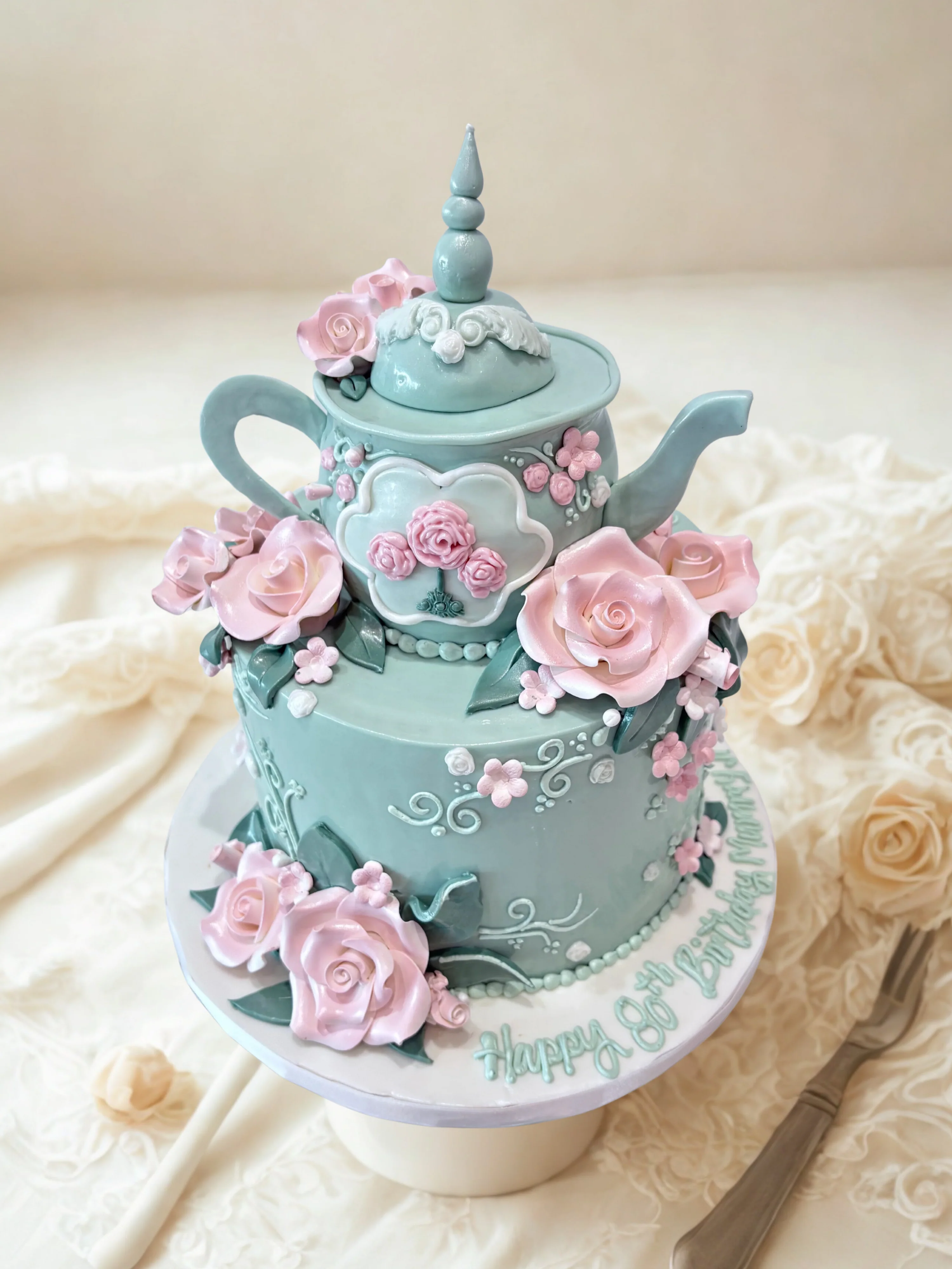 Pink Floral Teapot Fondant Cake - Image 3