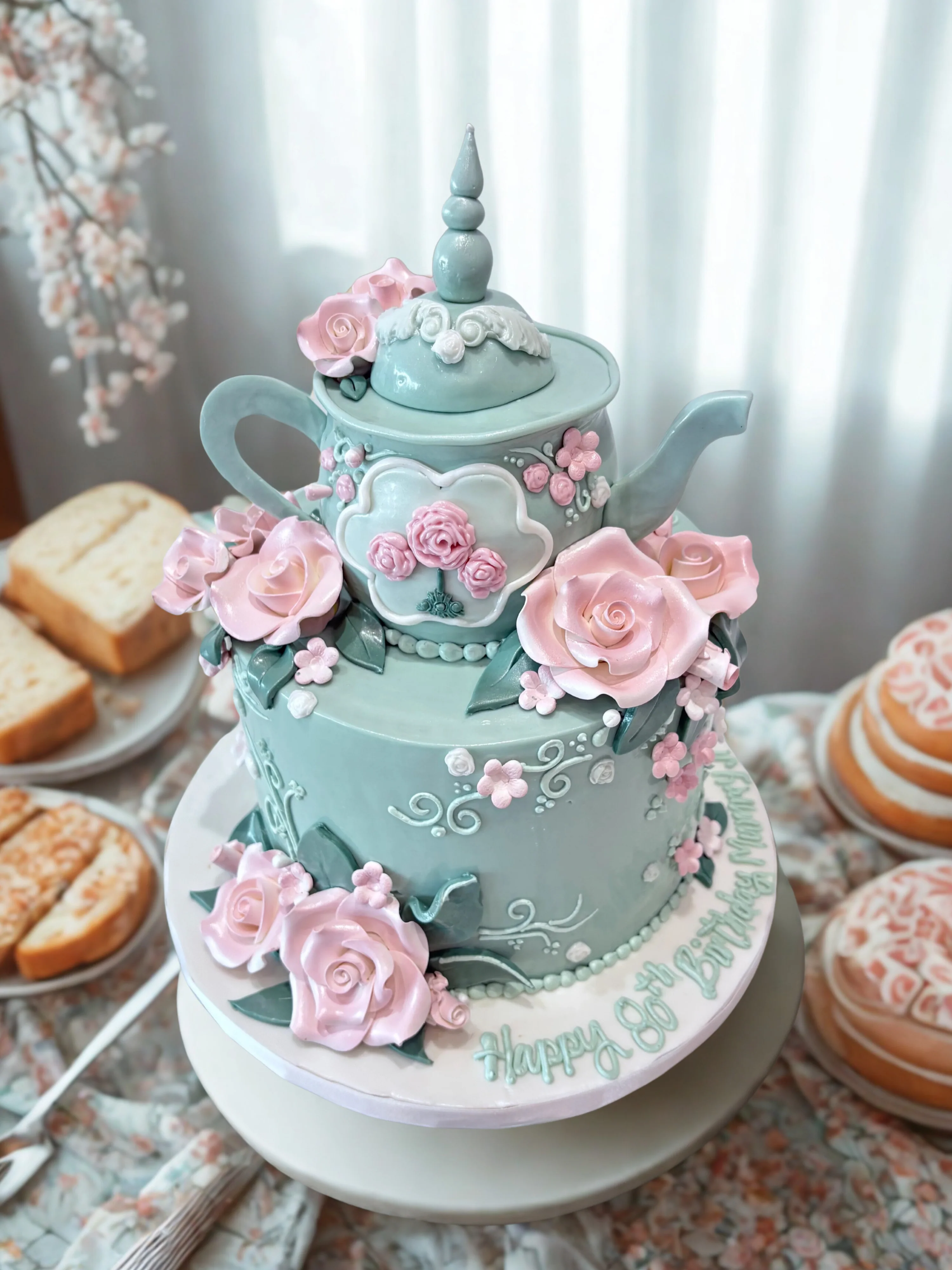 Pink Floral Teapot Fondant Cake - Image 4