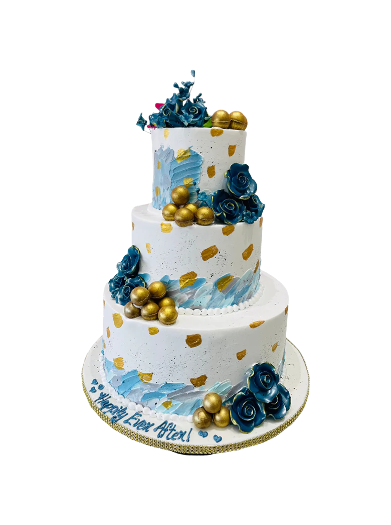 Hiba Blue & Gold Tiered Cream Cake