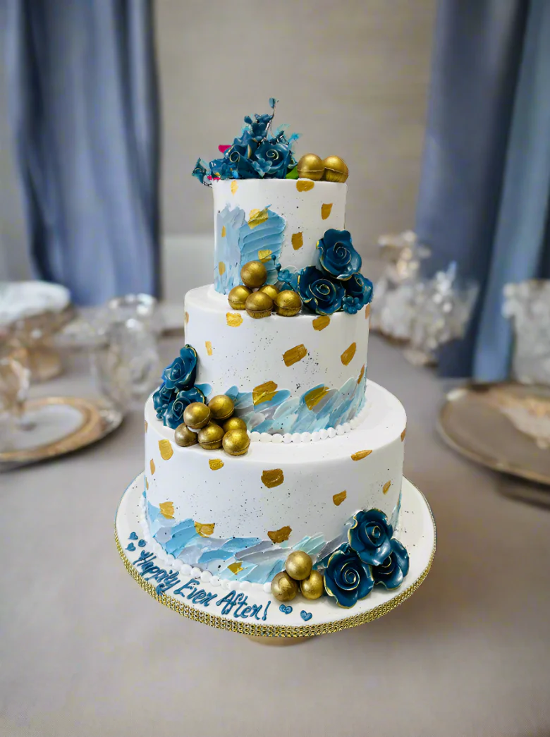 Hiba Blue & Gold Tiered Cream Cake - Image 2