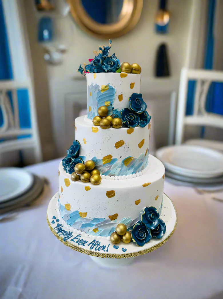 Hiba Blue & Gold Tiered Cream Cake - Image 3