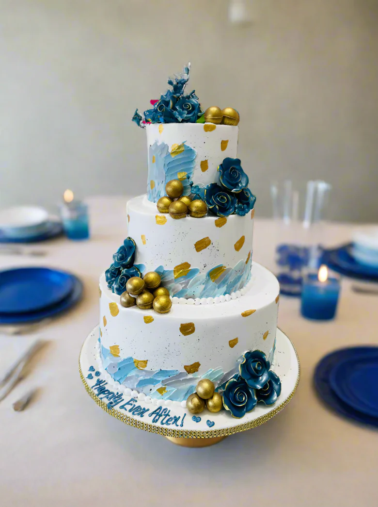 Hiba Blue & Gold Tiered Cream Cake - Image 4