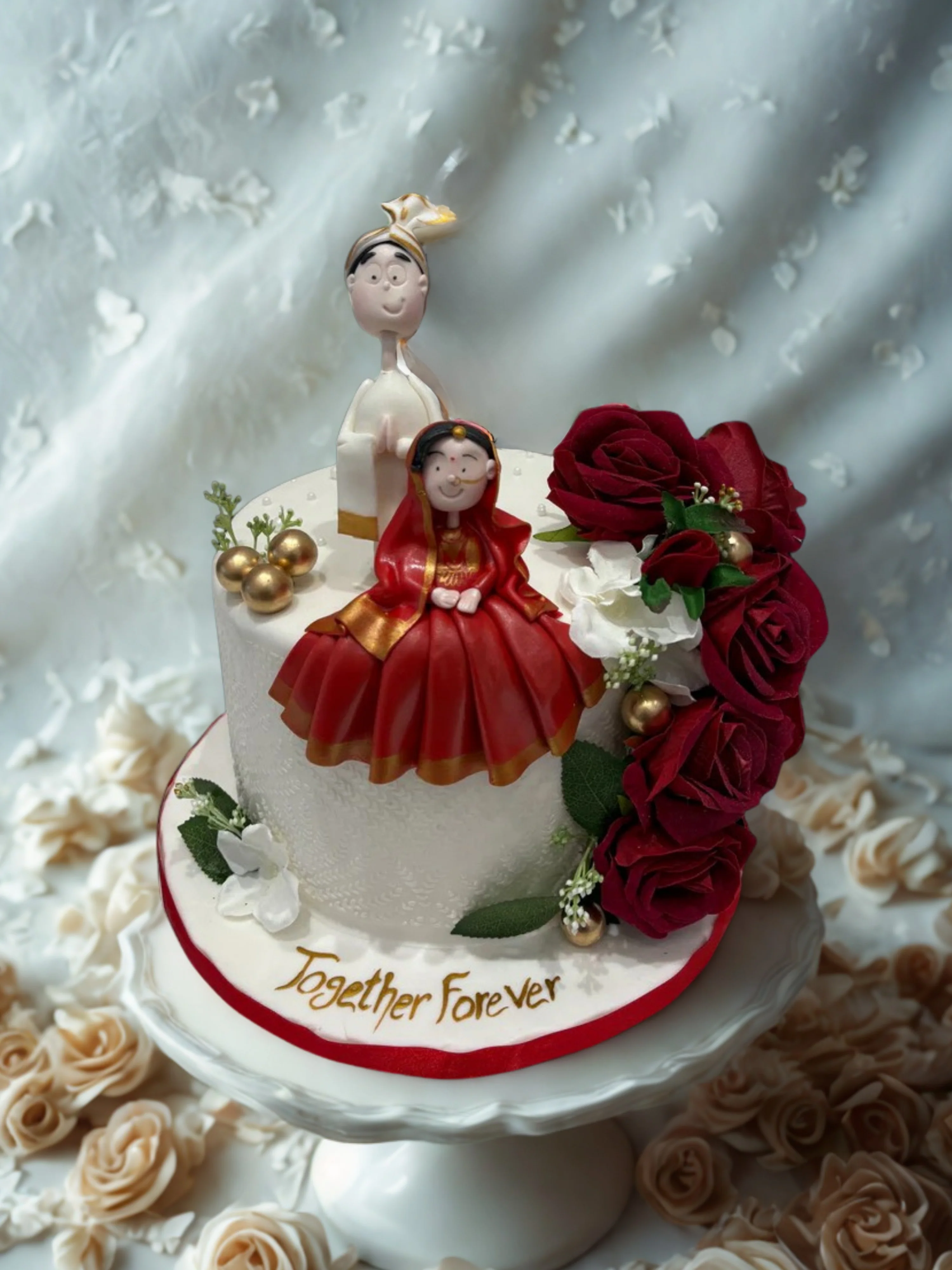Indian Bride & Groom Floral Fondant Cake - Image 2
