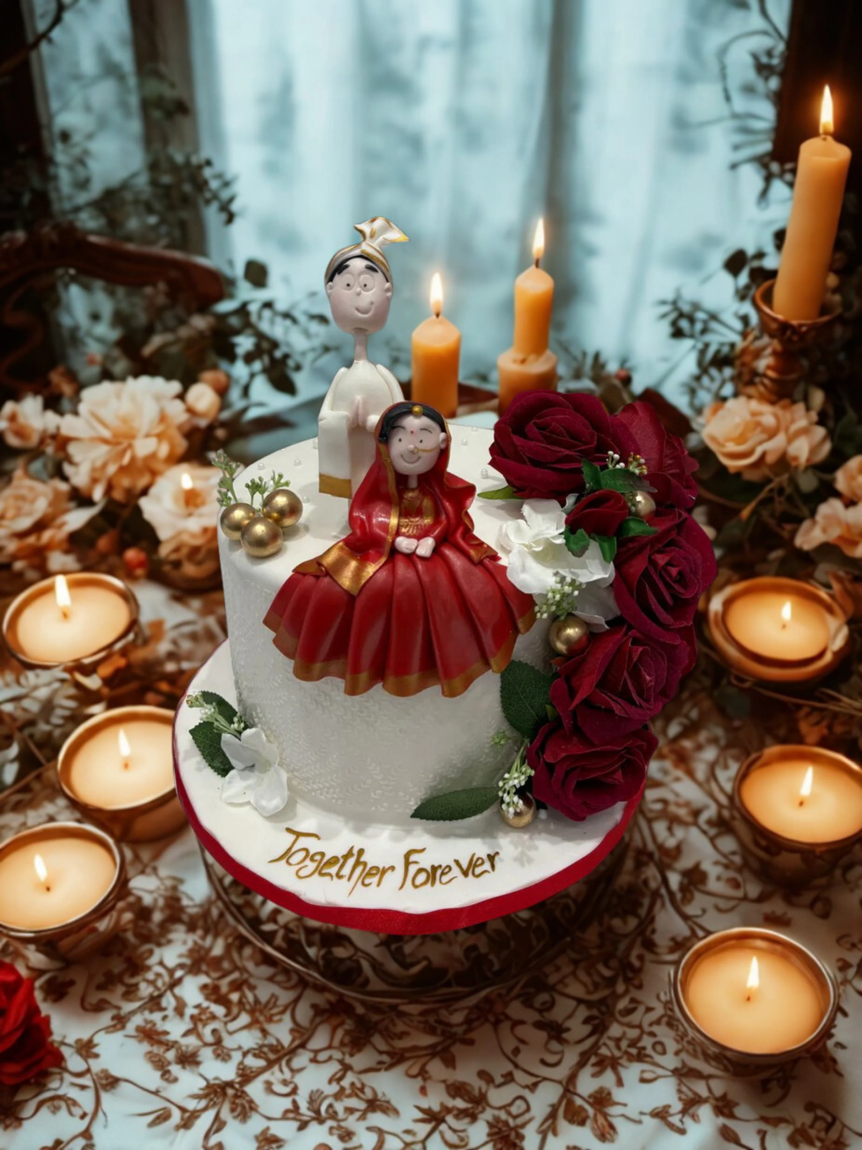 Indian Bride & Groom Floral Fondant Cake - Image 3