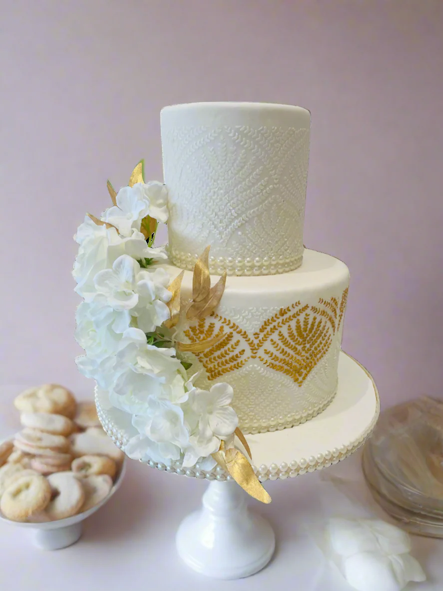 Ivory Demask Fondant Tiered Cake - Image 2