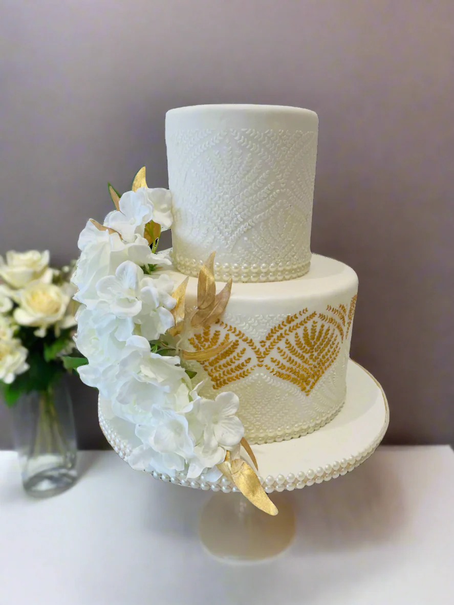 Ivory Demask Fondant Tiered Cake - Image 3