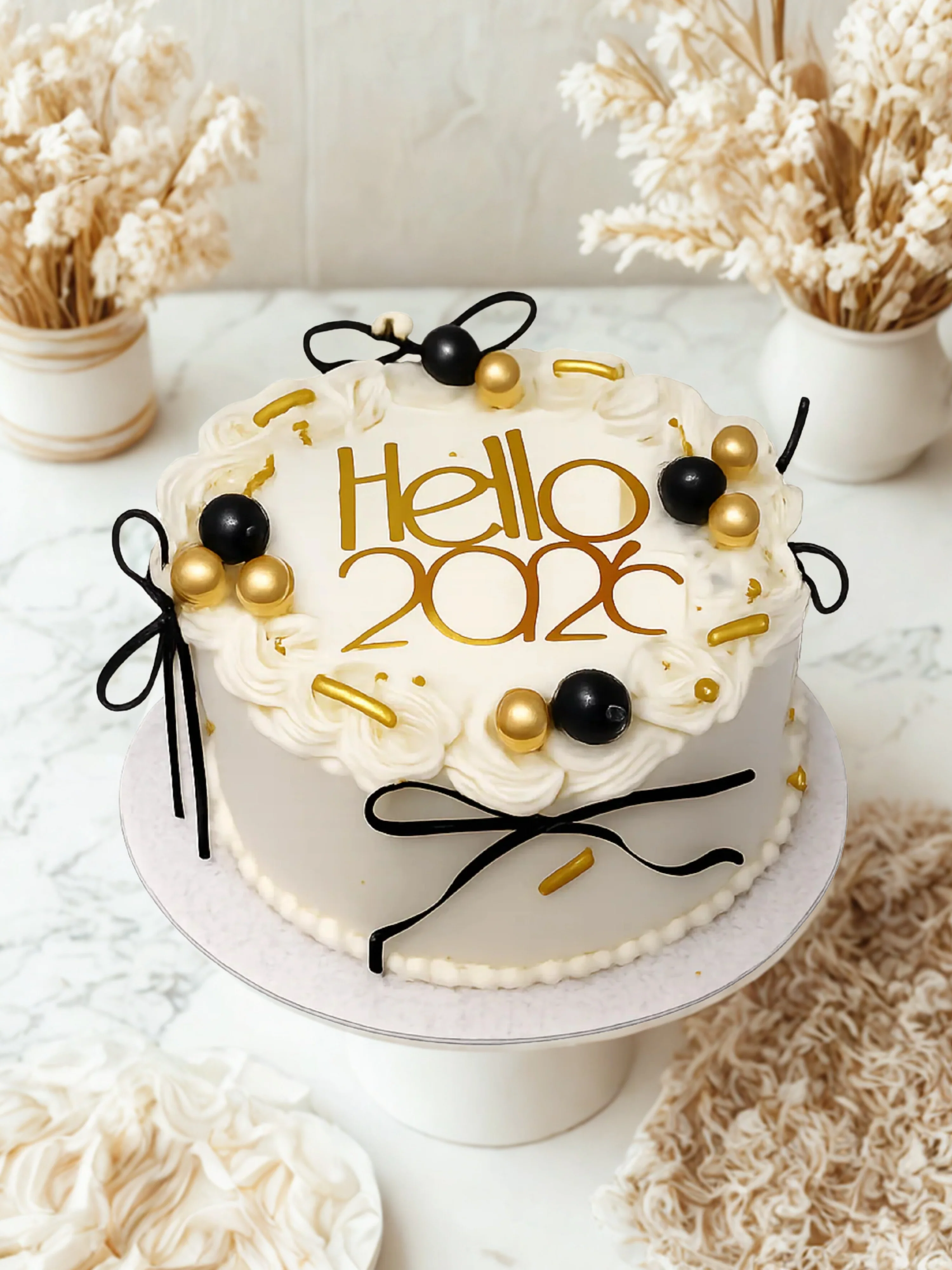 Ivory & Black Bow New Year Cake - Image 2