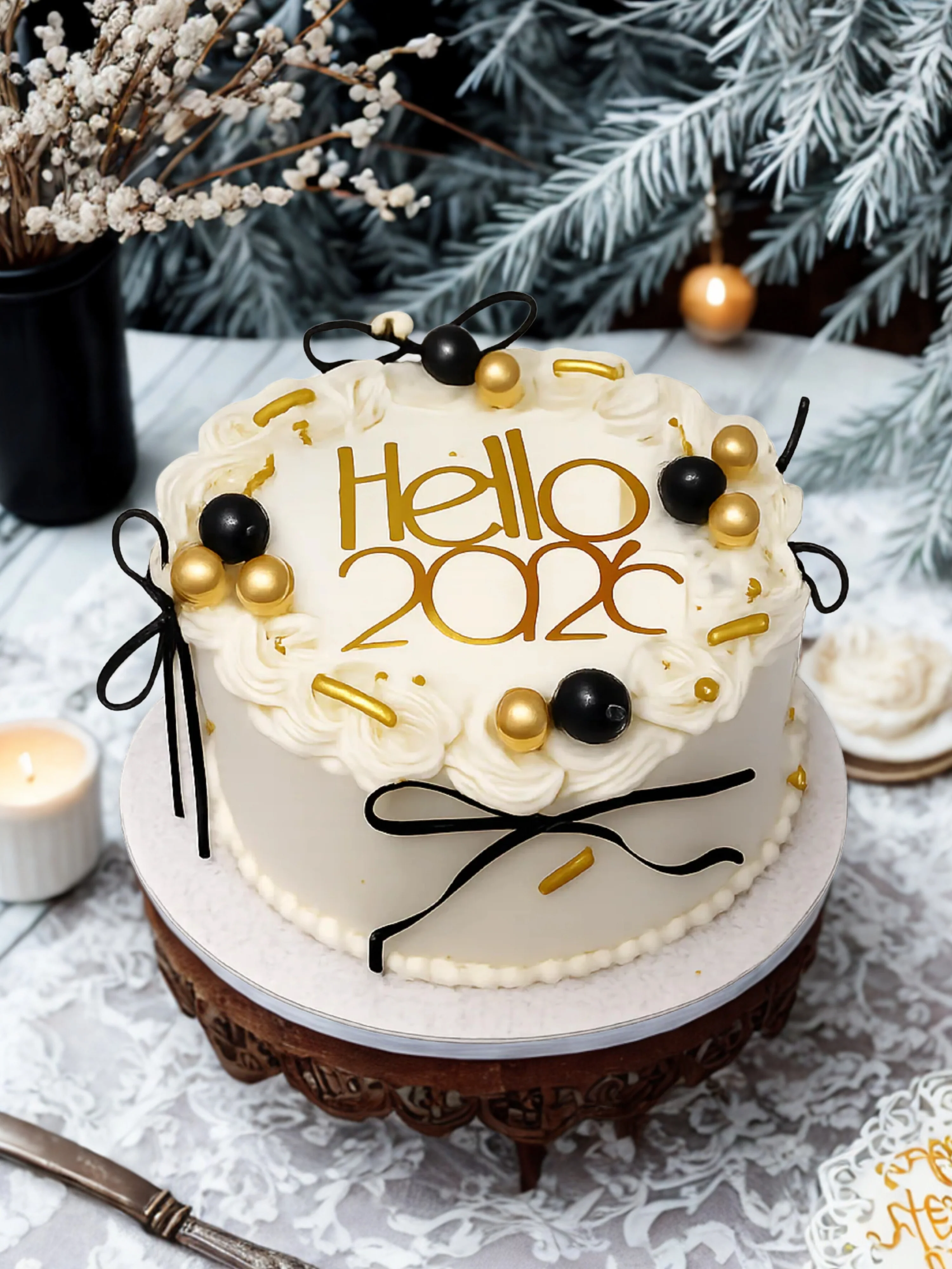 Ivory & Black Bow New Year Cake - Image 3