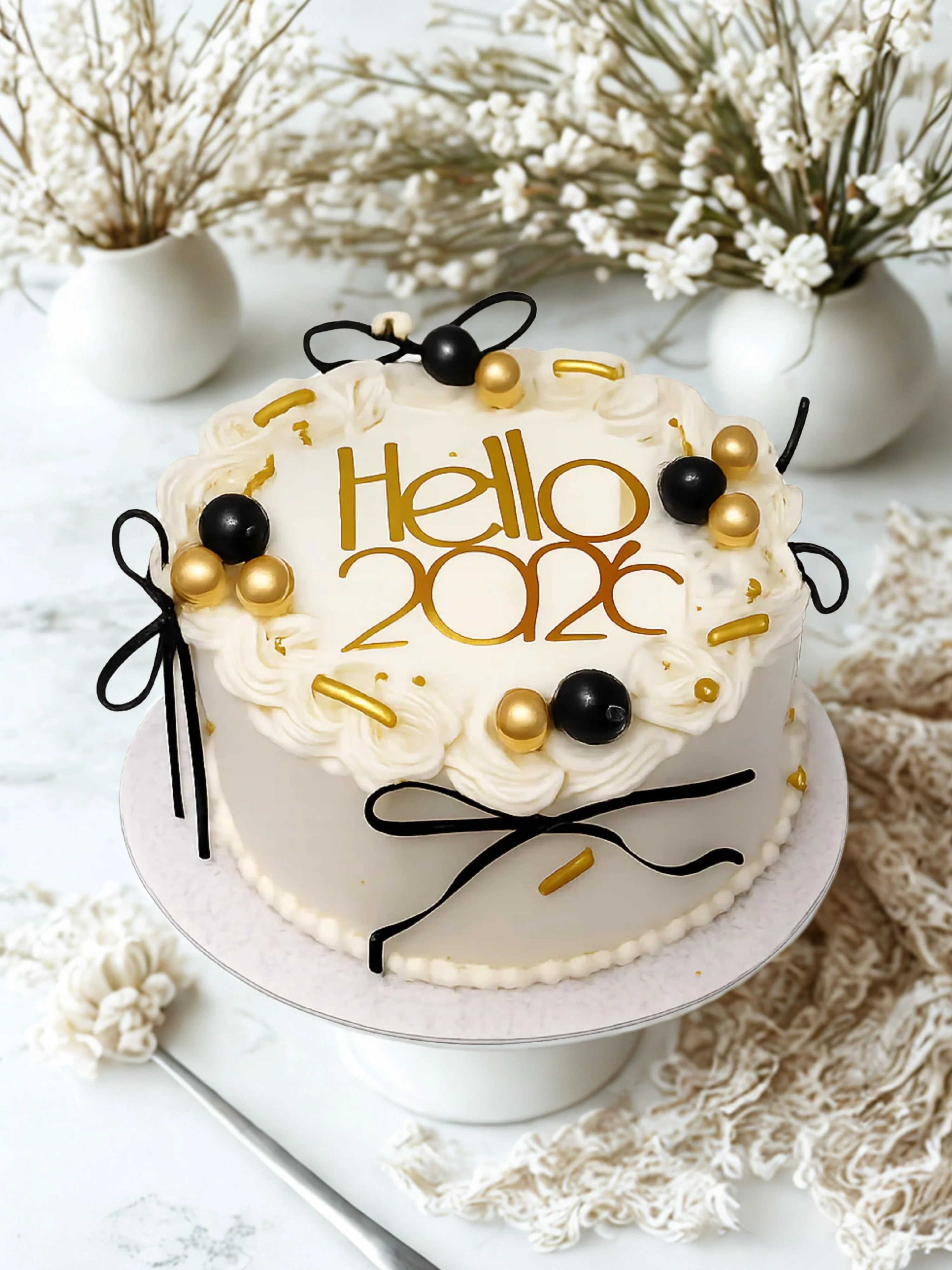 Ivory & Black Bow New Year Cake - Image 5