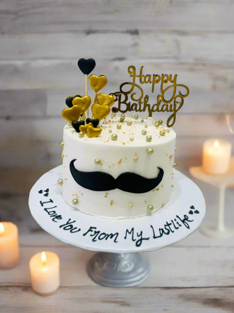 Ivory Gold Moustache Cream Cake - Image 2