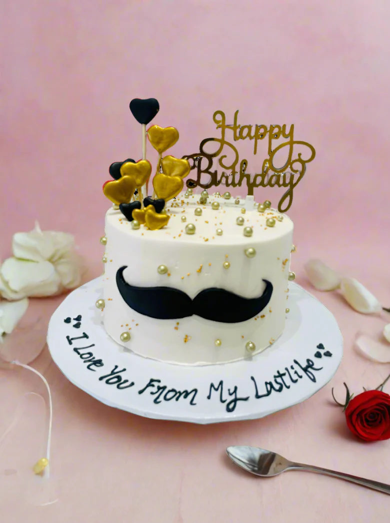 Ivory Gold Moustache Cream Cake - Image 3