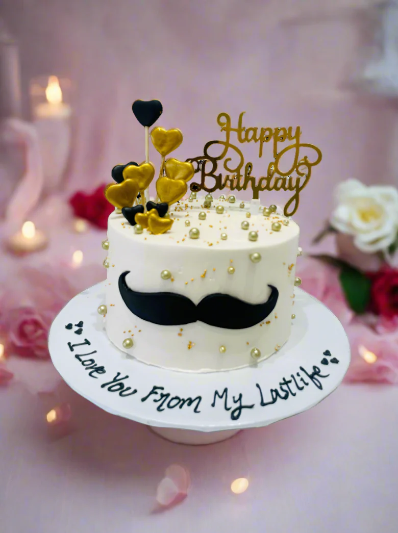 Ivory Gold Moustache Cream Cake - Image 4