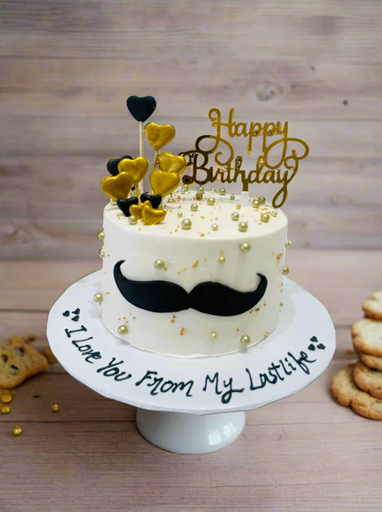 Ivory Gold Moustache Cream Cake - Image 5