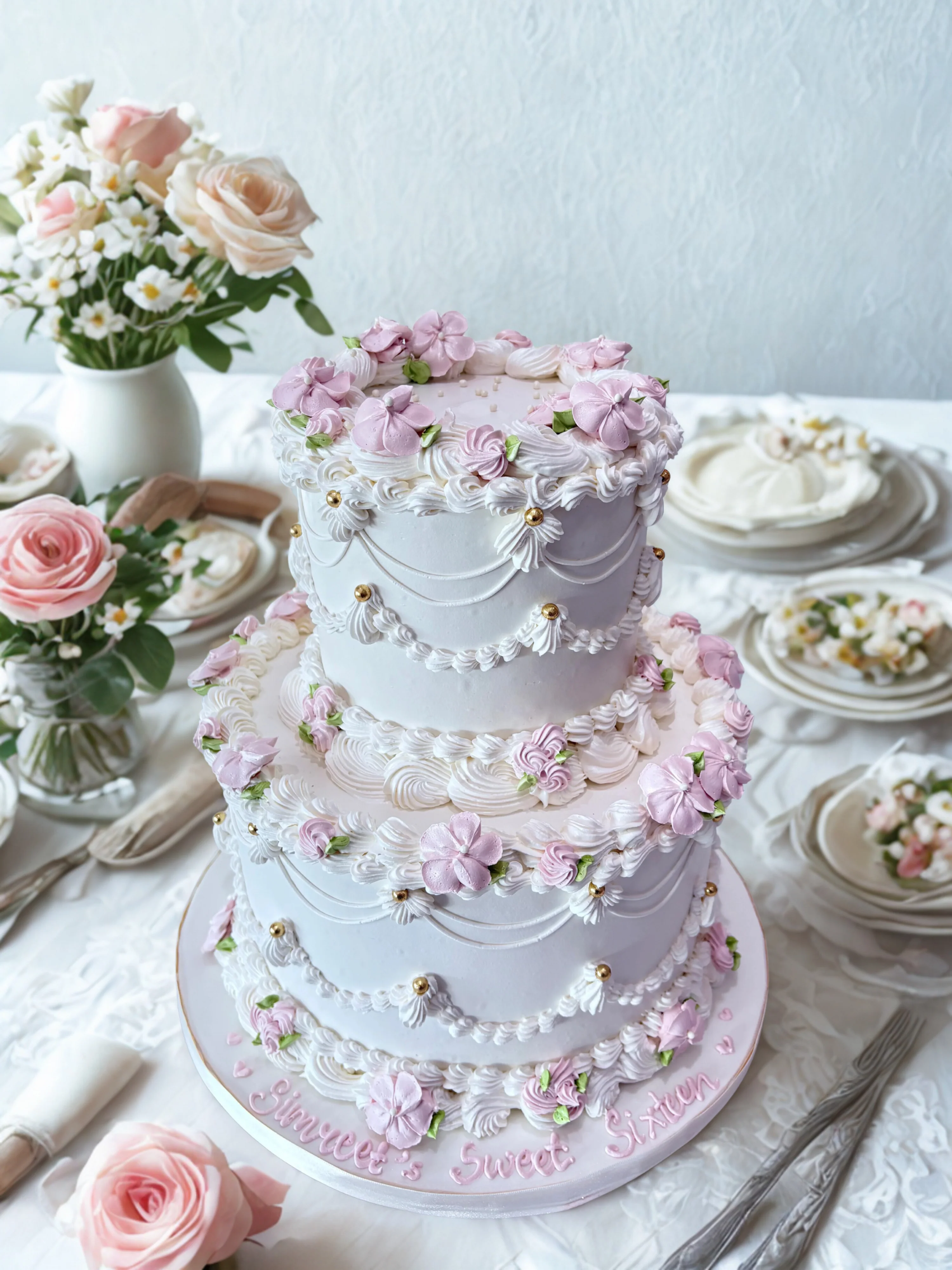 Ivory & Pink Pastel Vintage Tiered Cake - Image 3