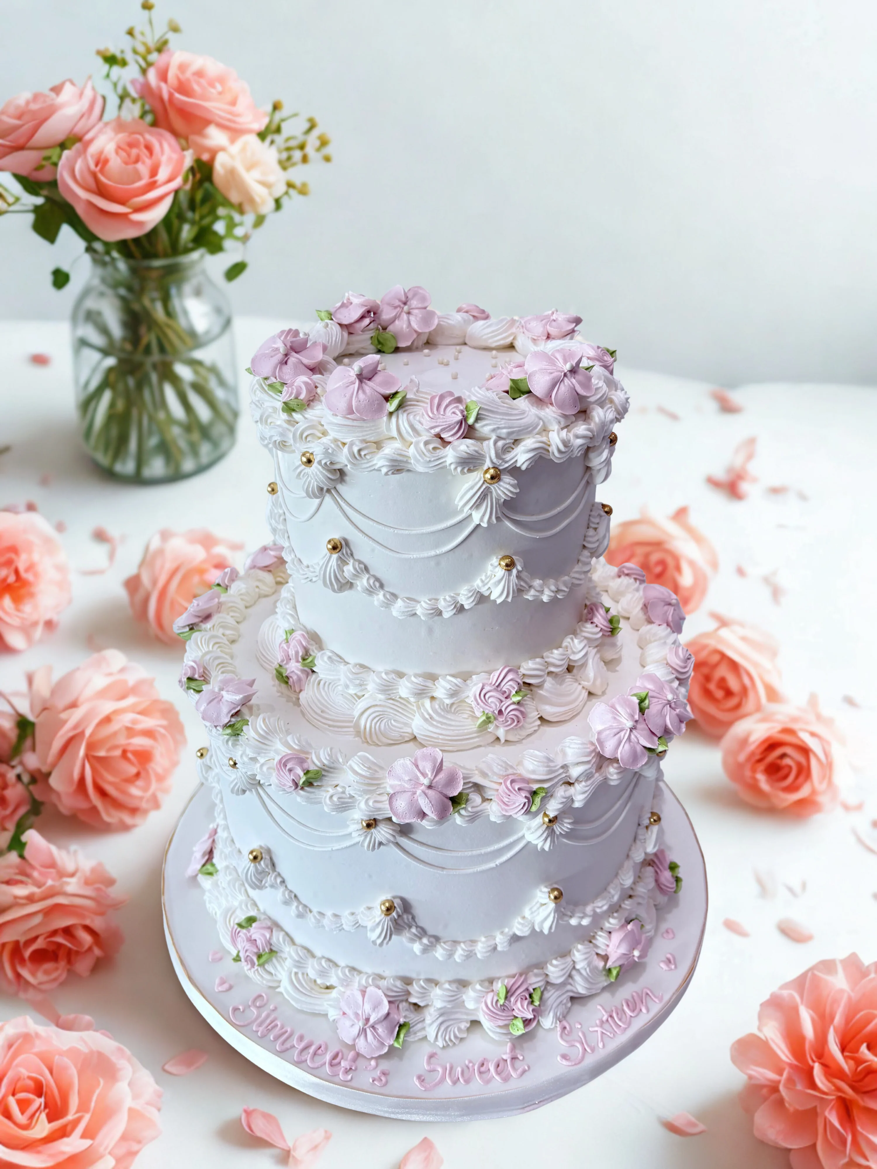 Ivory & Pink Pastel Vintage Tiered Cake - Image 4
