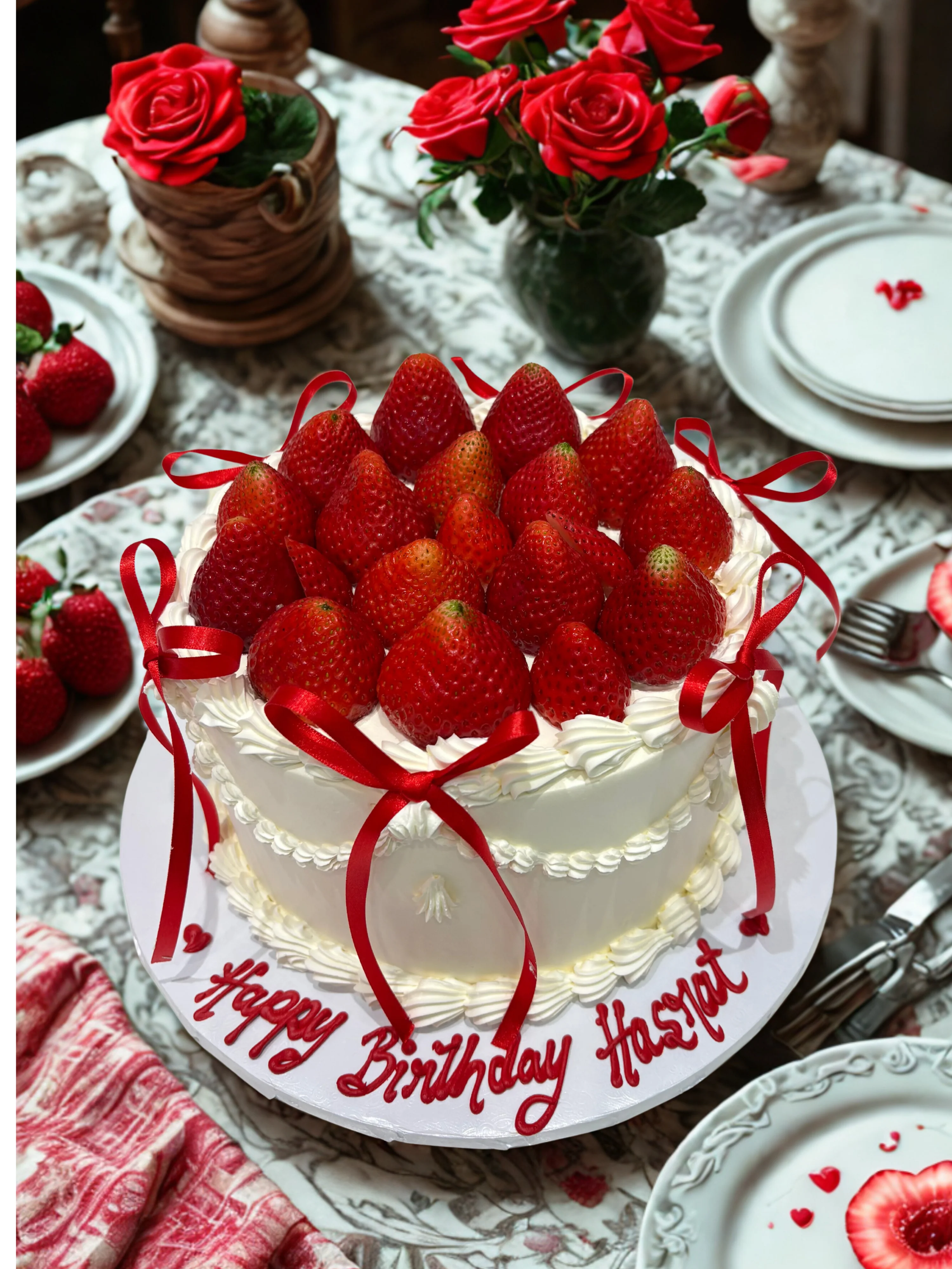 Ivory Red Bow & Strawberry Cream Cake - Image 2