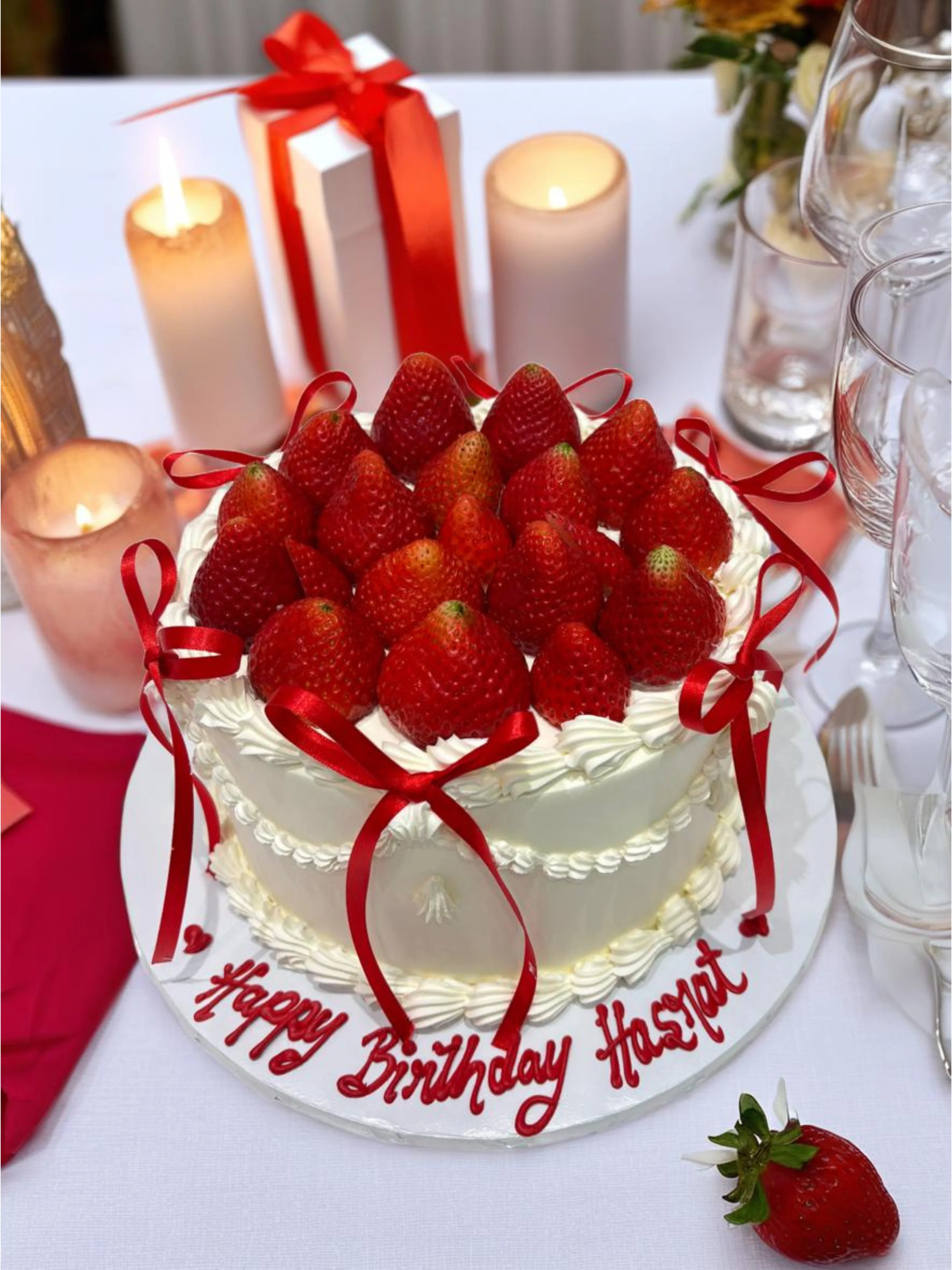 Ivory Red Bow & Strawberry Cream Cake - Image 3
