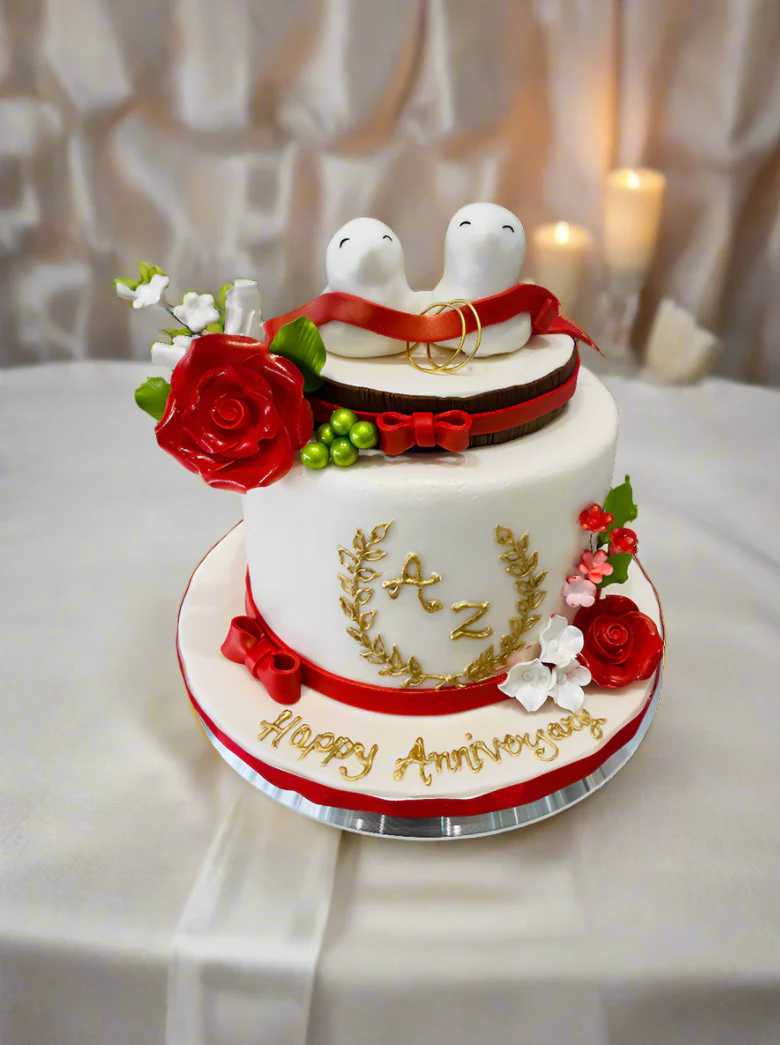 Love Birds Anniversary Fondant Cake - Image 2