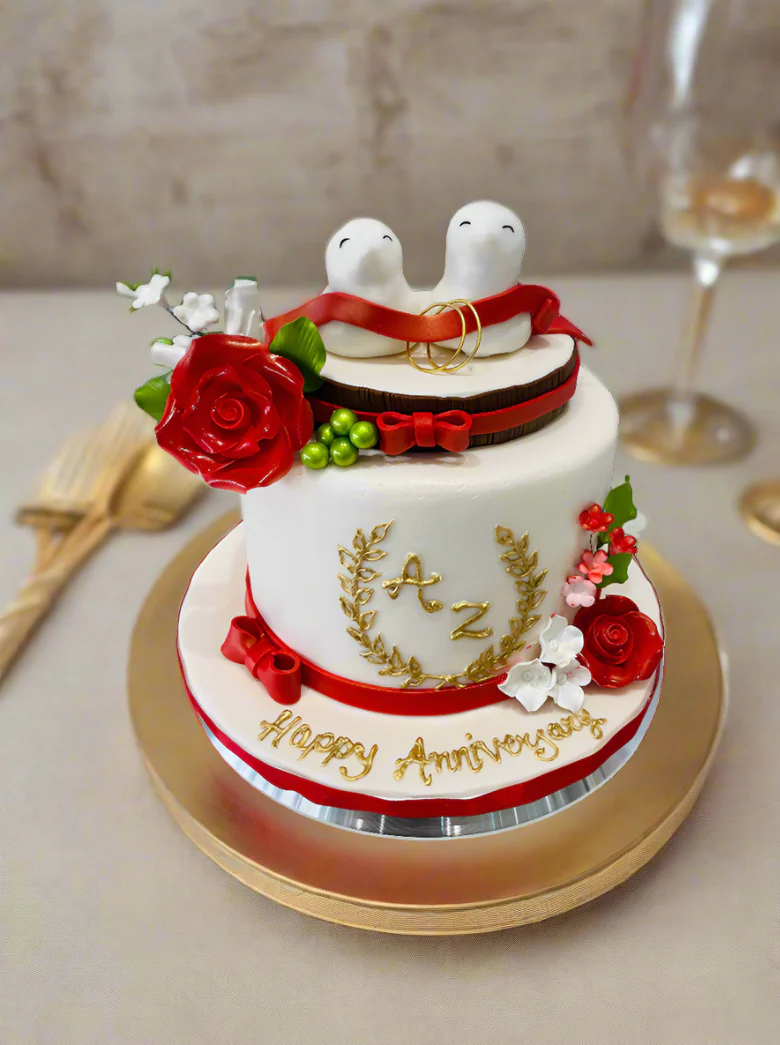 Love Birds Anniversary Fondant Cake - Image 5