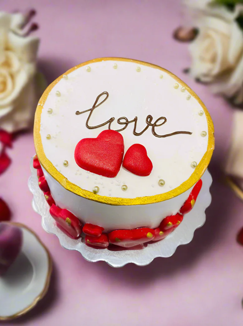 Love Fondant Red Hearts Cream Cake - Image 3
