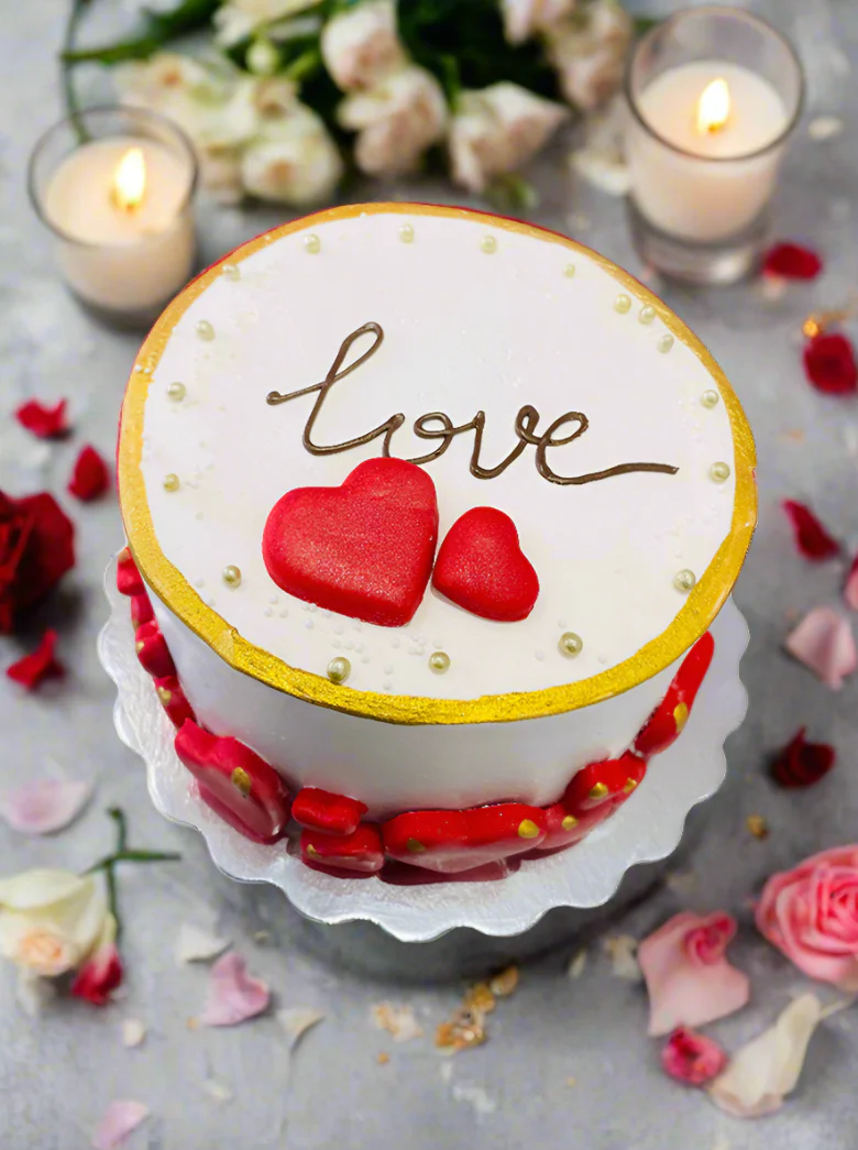 Love Fondant Red Hearts Cream Cake - Image 4