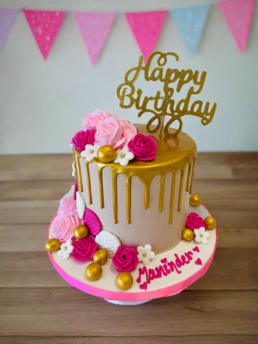 Mani Pink & Gold Flower Cake - Image 2