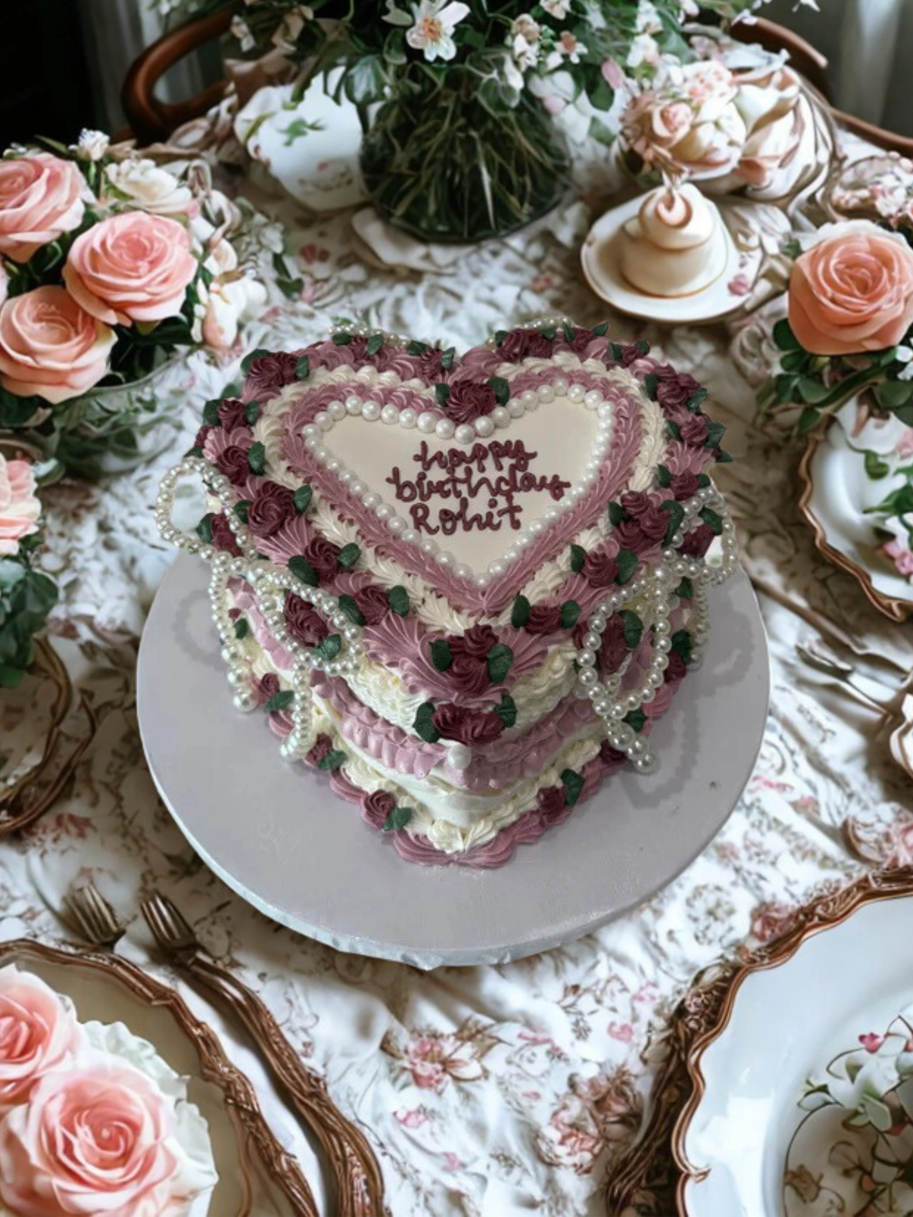 Mauve Pearly Heart Vintage Cake - Image 2
